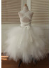Backless Ivory Lace Tulle Ruffled Flower Girl Dress